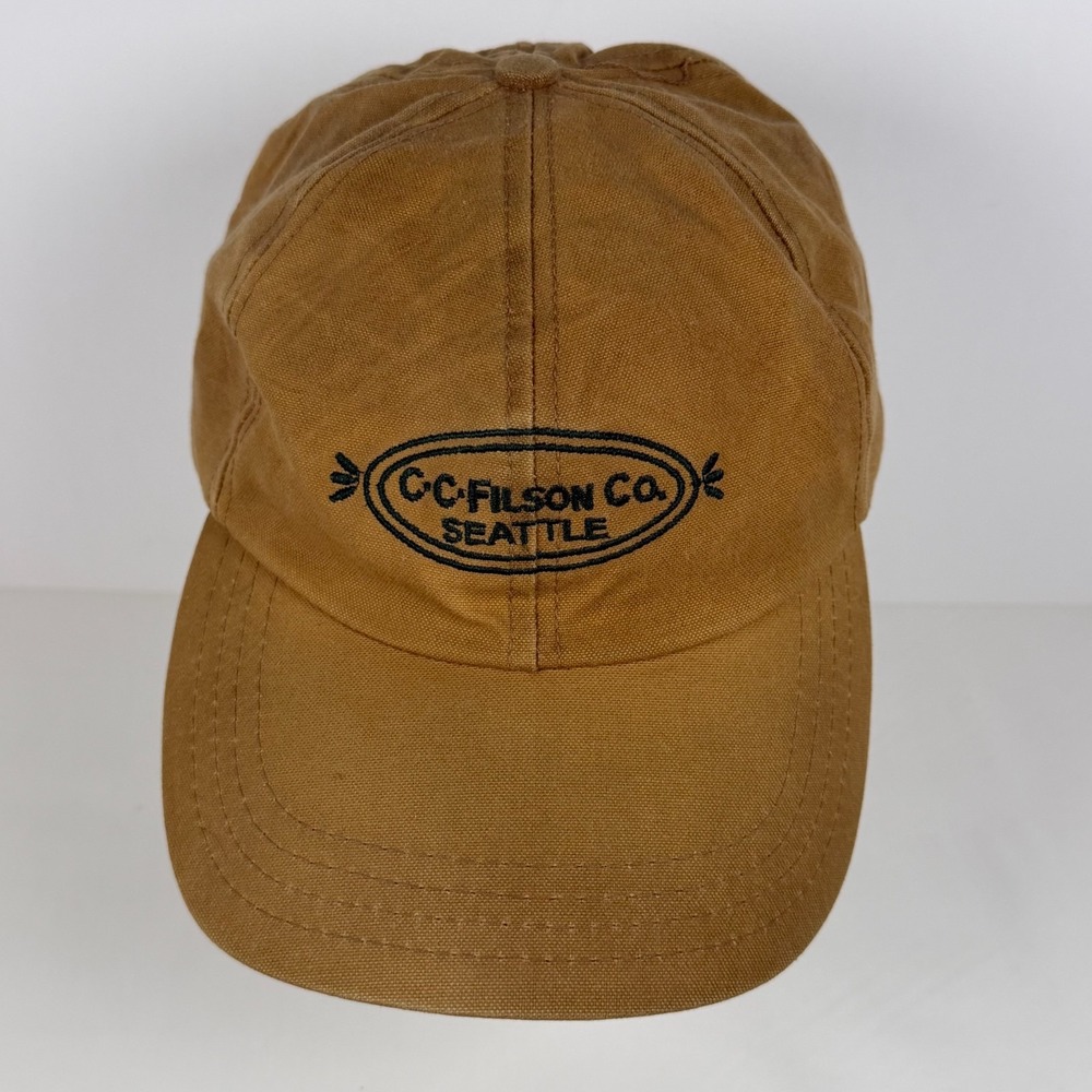 Vintage C.C. Filson Co Seattle Canvas Cap Hat Leather Strap Tan USA 1980s 90s